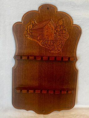 1960s Wood Souvenir Spoon Rack Grist Mill Motif Wall Mount Holds 16 Spoons Vtg